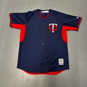 Men's Minnesota Twins majestic Joe Mauer navy and red button up baseball jersey